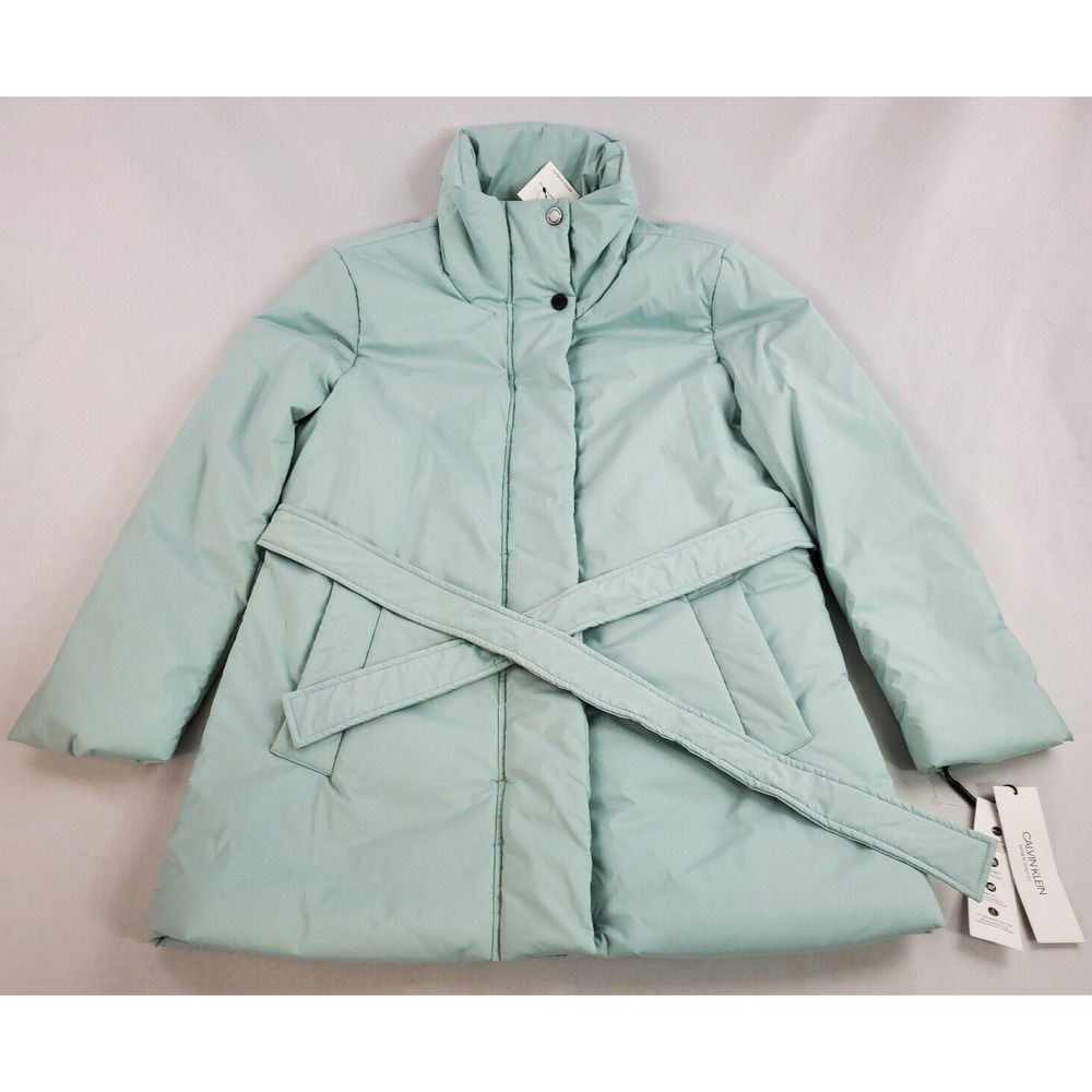 Calvin Klein women coat belted CW134611 sea stretch 7F warmth blue S $300